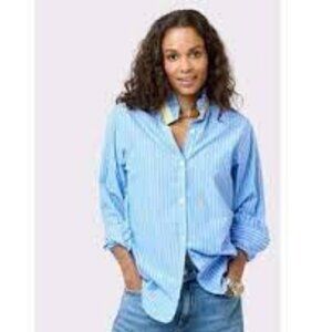 Kerri Rosenthal MIA STRIPE RUFFLE SHIRT Blue stripes size Small